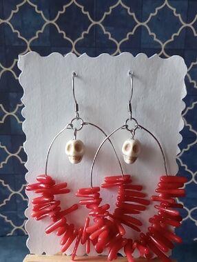 Red Coral Skull Earrings